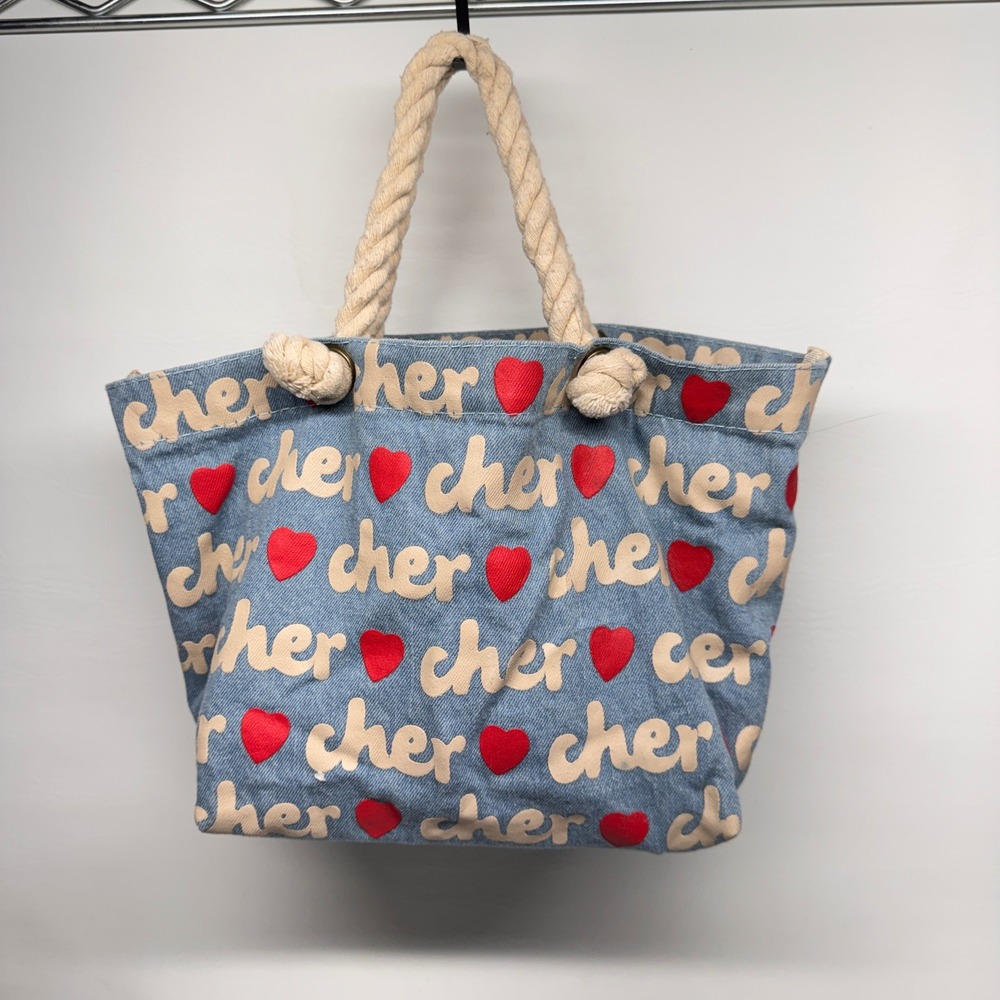 Cher Denim Tote Bag Womens‎ Small Blue Heart Print Rope Handle Kawaii Nautical